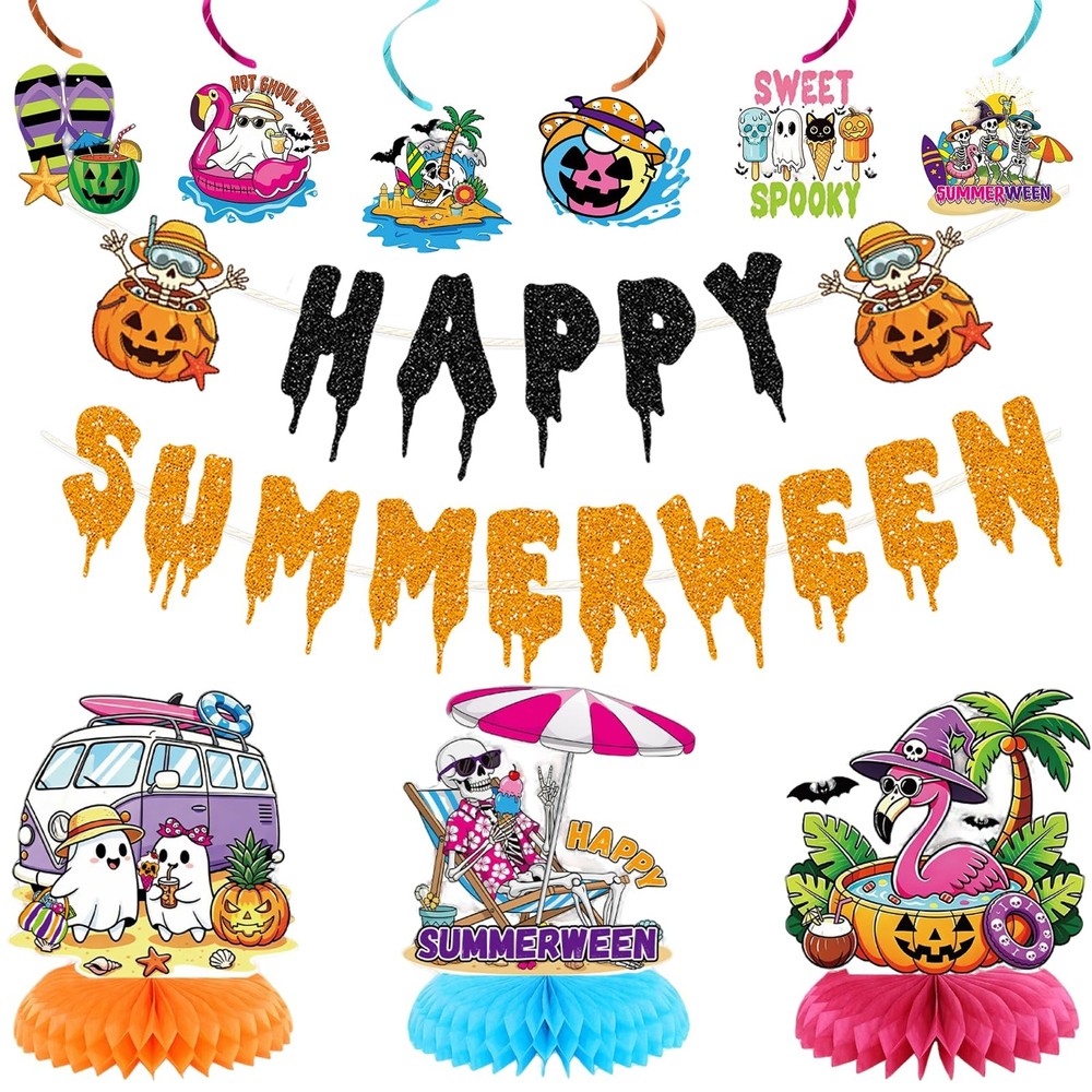 10PCS Happy Summerween Party Decorations Kit, Glitter Summer Halloween Banner…