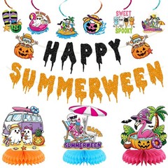 10PCS Happy Summerween Party Decorations Kit, Glitter Summer Halloween Banner…