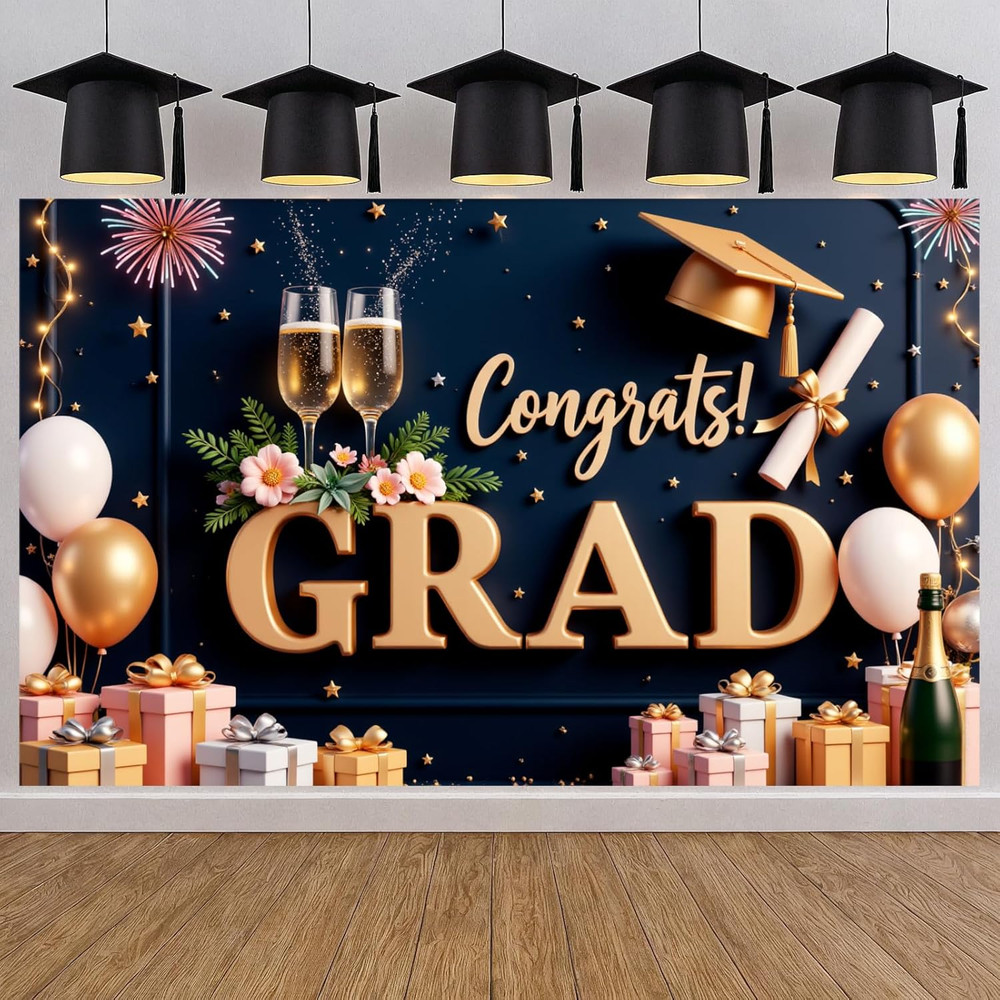 2026 Graduation Banner Decorations Navy Blue Gold Balloons Congrats Grad Backdro