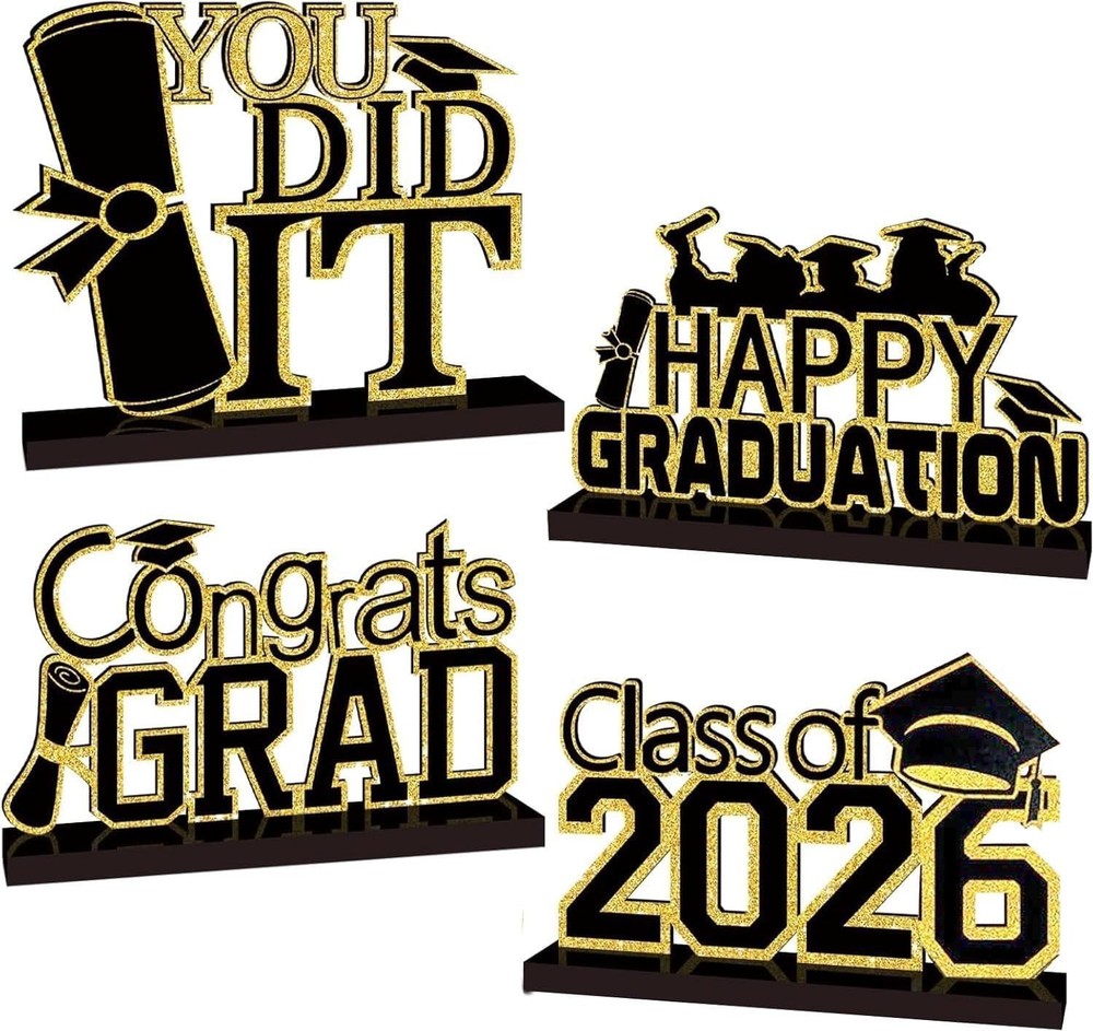 4Pcs Graduation Decorations Class of 2026 Congrats Grad Wooden Table Centerpiece