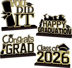 4Pcs Graduation Decorations Class of 2026 Congrats Grad Wooden Table Centerpiece