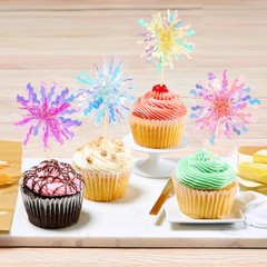 14 Pcs Happy Birthday Cake Toppers Foil Firework Cupcake Toppers Sparkle Tinsel