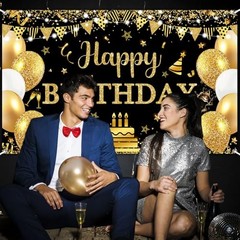 Happy Birthday Banner Glitter Balloon Happy Birthday 6 x 3.6 ft Black Gold