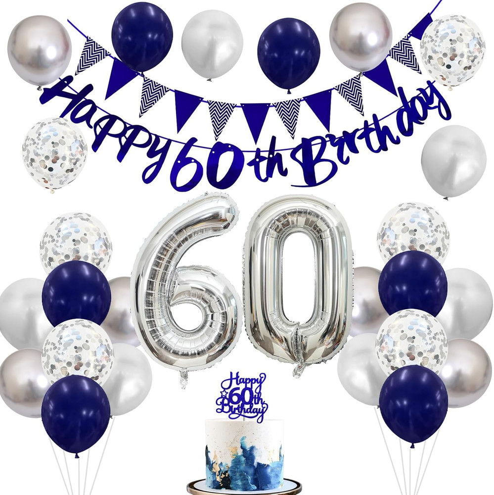 60Th Birthday Decorations for Men Women, Blue Silver White Birthday Balloons, Bl