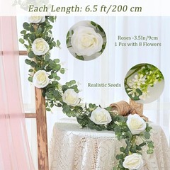 2Pcs 13Ft Artificial Eucalyptus Garlands with Flowers – 8 Roses, Faux Floral