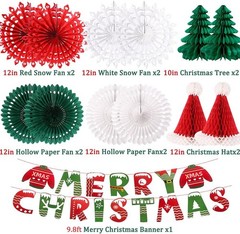 Christmas Party Decorations, Merry Christmas Banner Honeycomb Santa Hats Trees H