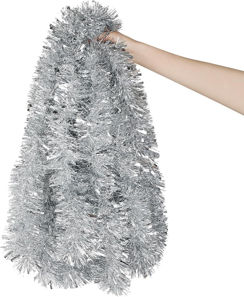 DECORA 33 Feet Silver Tinsel Garland, Christmas Metallic Hanging Tinsel Garland