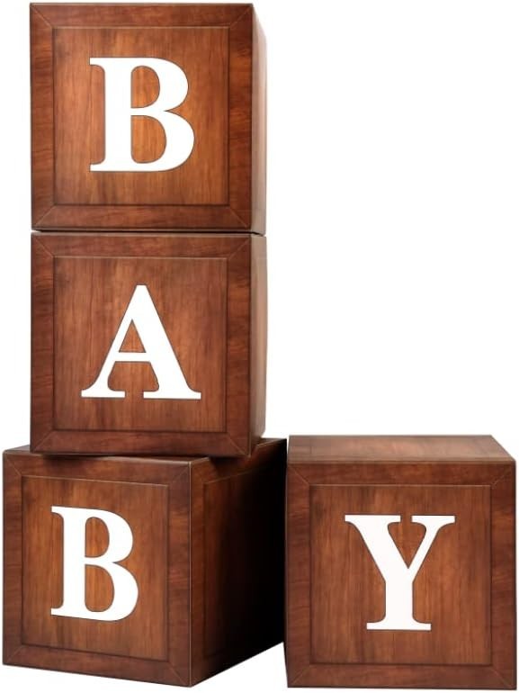 Wood Baby Shower Boxes Party Decorations – 4 Wood Grain Brown Blocks with Pri…