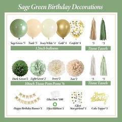 Sage Green Party Decorations with Banner, Tissue Tassels, Pompoms, Balloons, …