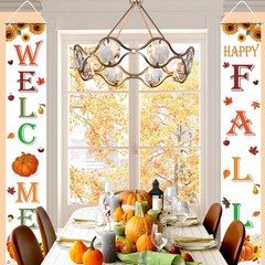 Happy Fall Decorations Pumpkin Maple Leaves Welcome Door Banner Porch Sign 12×72
