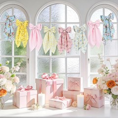 Floral Bow Garland, Pink Gingham Fabric Bow Banner, Vintage Spring Flower Bows