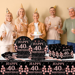 Rose Gold Birthday Tableware,40th Birthday Decorations for Women,61Pcs Rose Gold