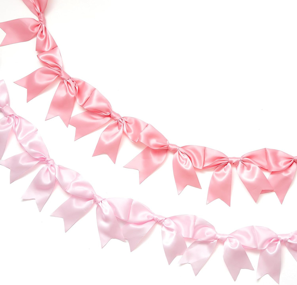 2 Pcs 6.56 Ft Pink Bow Garland Banner, Pink Satin Bow Valentine’S Day Decor, Coq