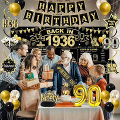 90Th Birthday Decorations for Men, Black Gold Back in 1936 Party Supplies Kit wi