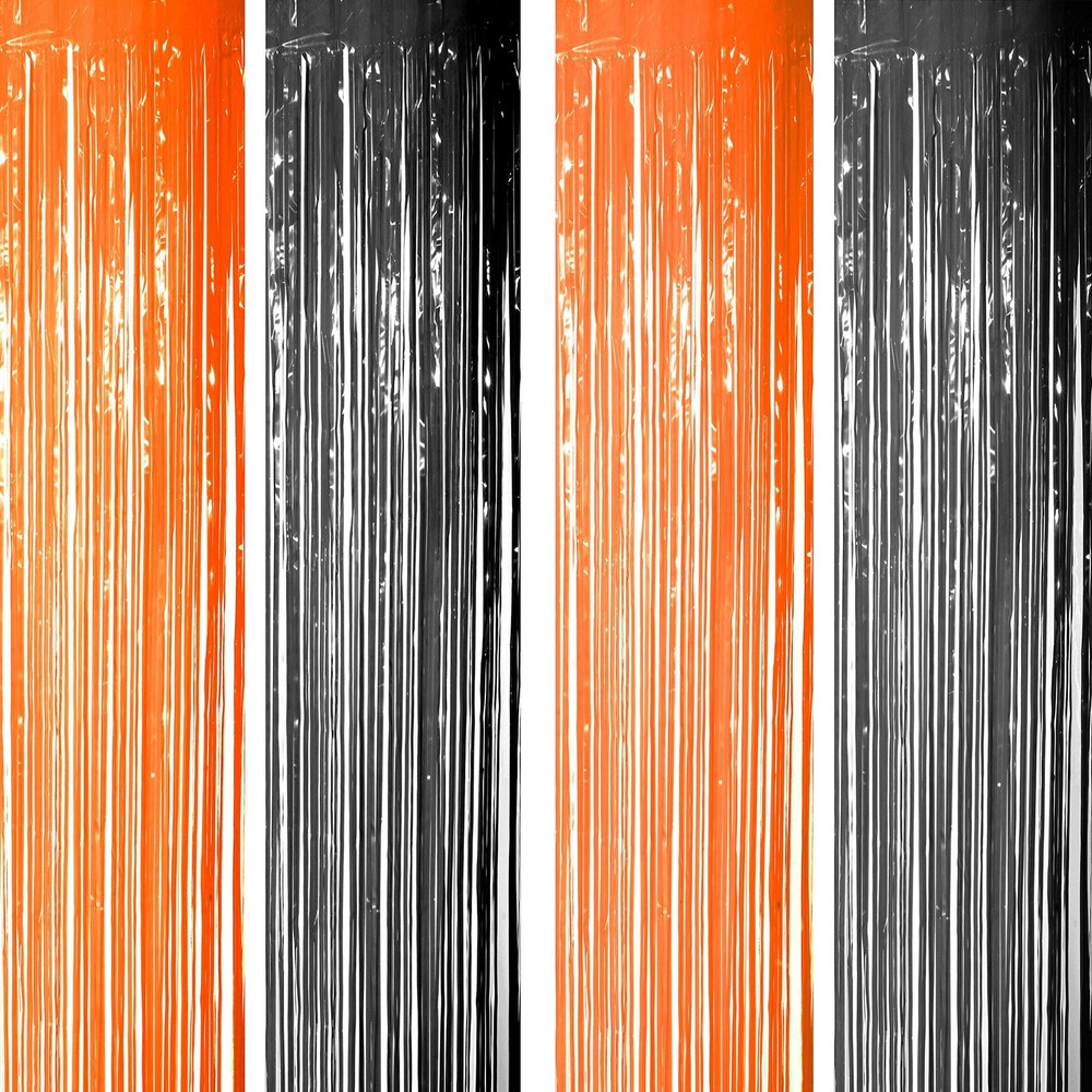 Black Orange Tinsel Foil Fringe Curtains Decorations Construction Party Props