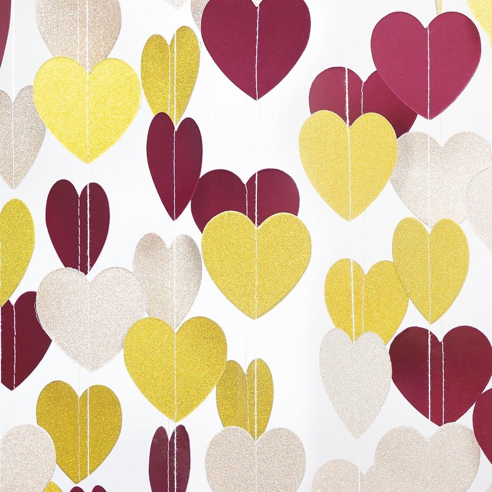 Champagne Gold Burgundy Party Decorations – 52Ft Heart Paper Garland Decorati…
