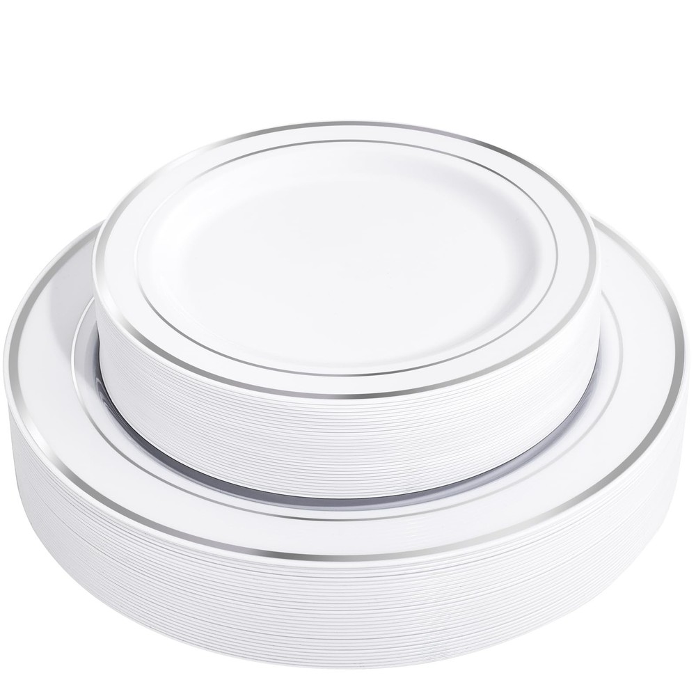 FLOWERCAT 60PCS Silver Plastic Plates – Heavy Duty White and Silver Plastic P…