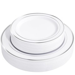 FLOWERCAT 60PCS Silver Plastic Plates – Heavy Duty White and Silver Plastic P…