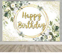 Happy Birthday Backdrop Gold and Green Eucalyptus Leaf Party Deco 7x5ft Polyeste