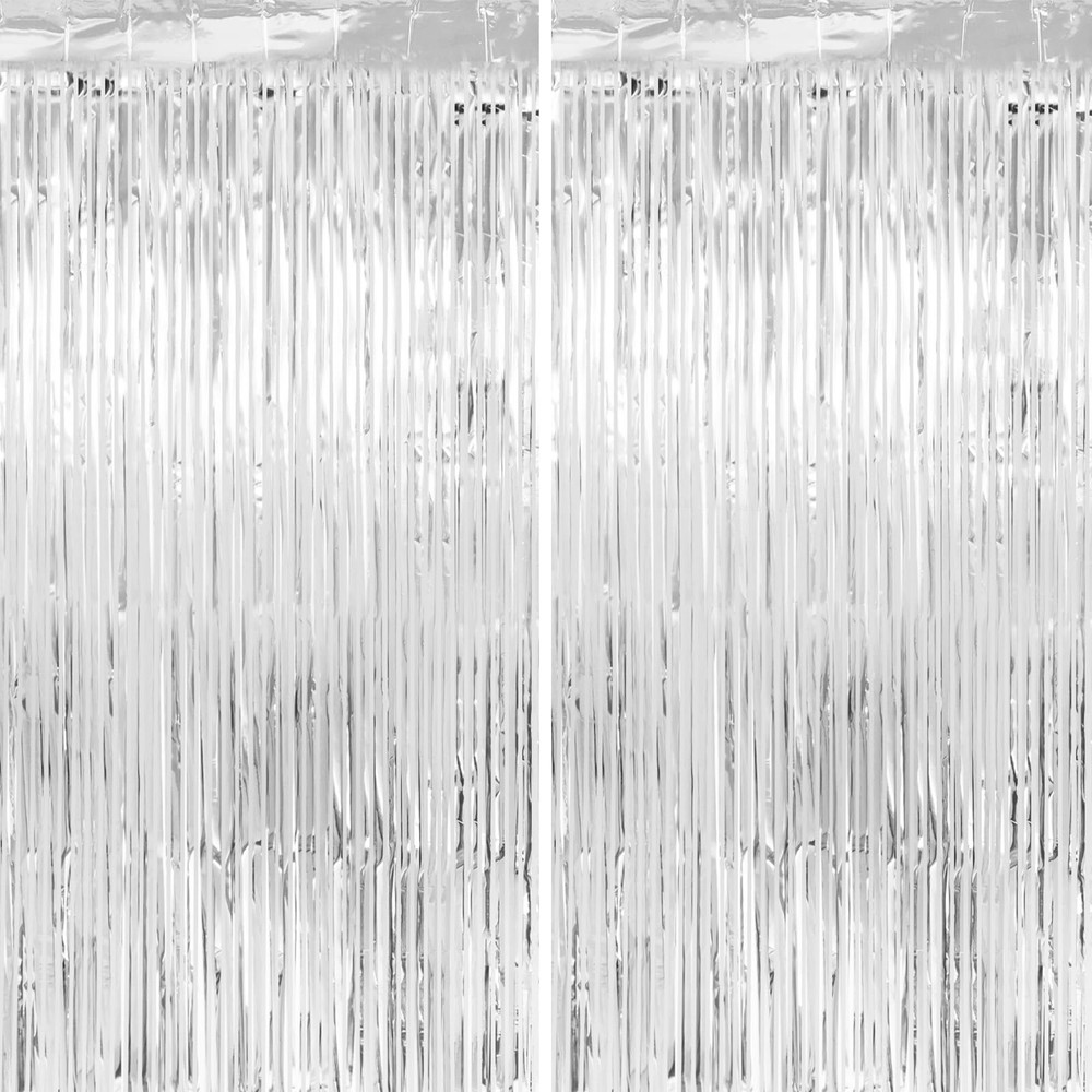 2 PCS Thicken Silver Streamer Tinsel Foil Fringe Backdrop Prop 3.3×6.6 Ft