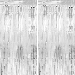 2 PCS Thicken Silver Streamer Tinsel Foil Fringe Backdrop Prop 3.3×6.6 Ft