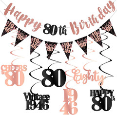 80Th Birthday Decorations for Women, Black Rose Gold Happy 80Th Birthday Banner