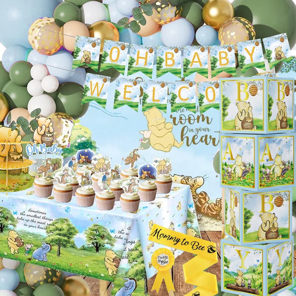 159pcs Blue Winnie Baby Shower Decorations Kit, Vintage Pooh Party Supplies, …