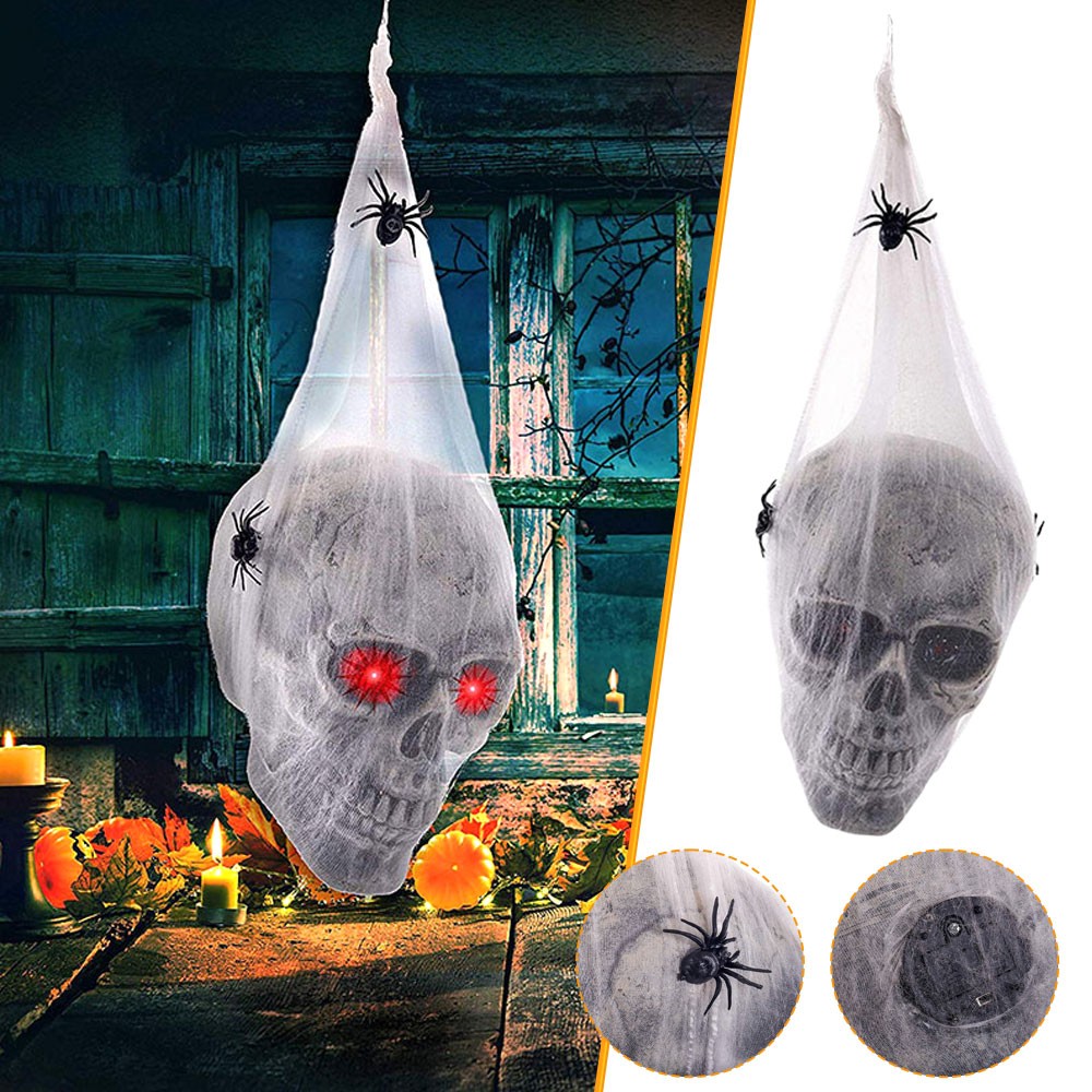 Halloween Animated Hanging Skulls Head Covered with Spider Webs JQ