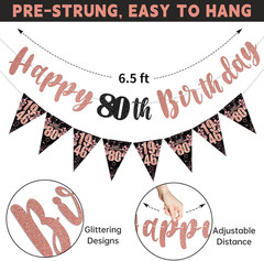 80Th Birthday Decorations for Women, Black Rose Gold Happy 80Th Birthday Banner