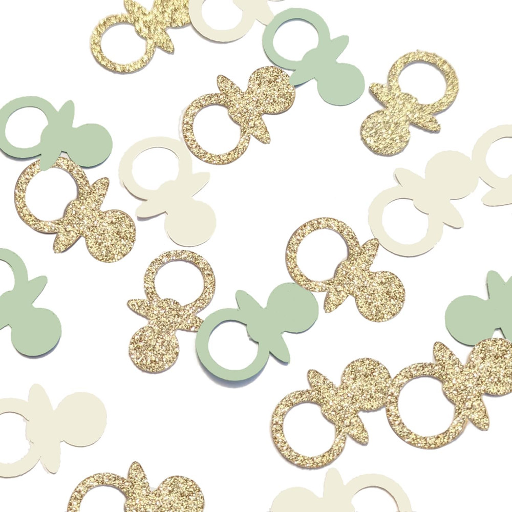 Sage Green Gold Pacifiers Table Confetti Scatters Neutral Baby Shower Boy Girl F