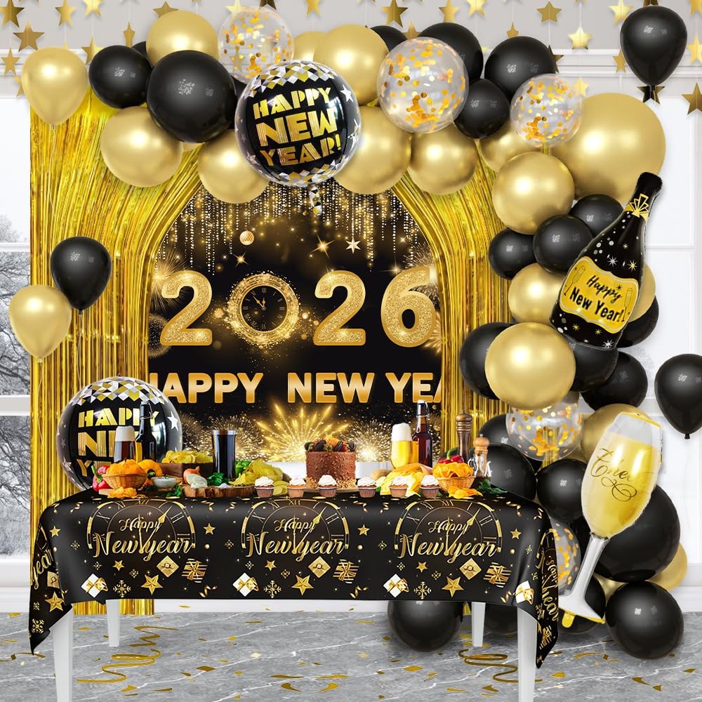 78Pcs Black and Gold New Years Decorations 2026 Happy New Year Decorations Ki…