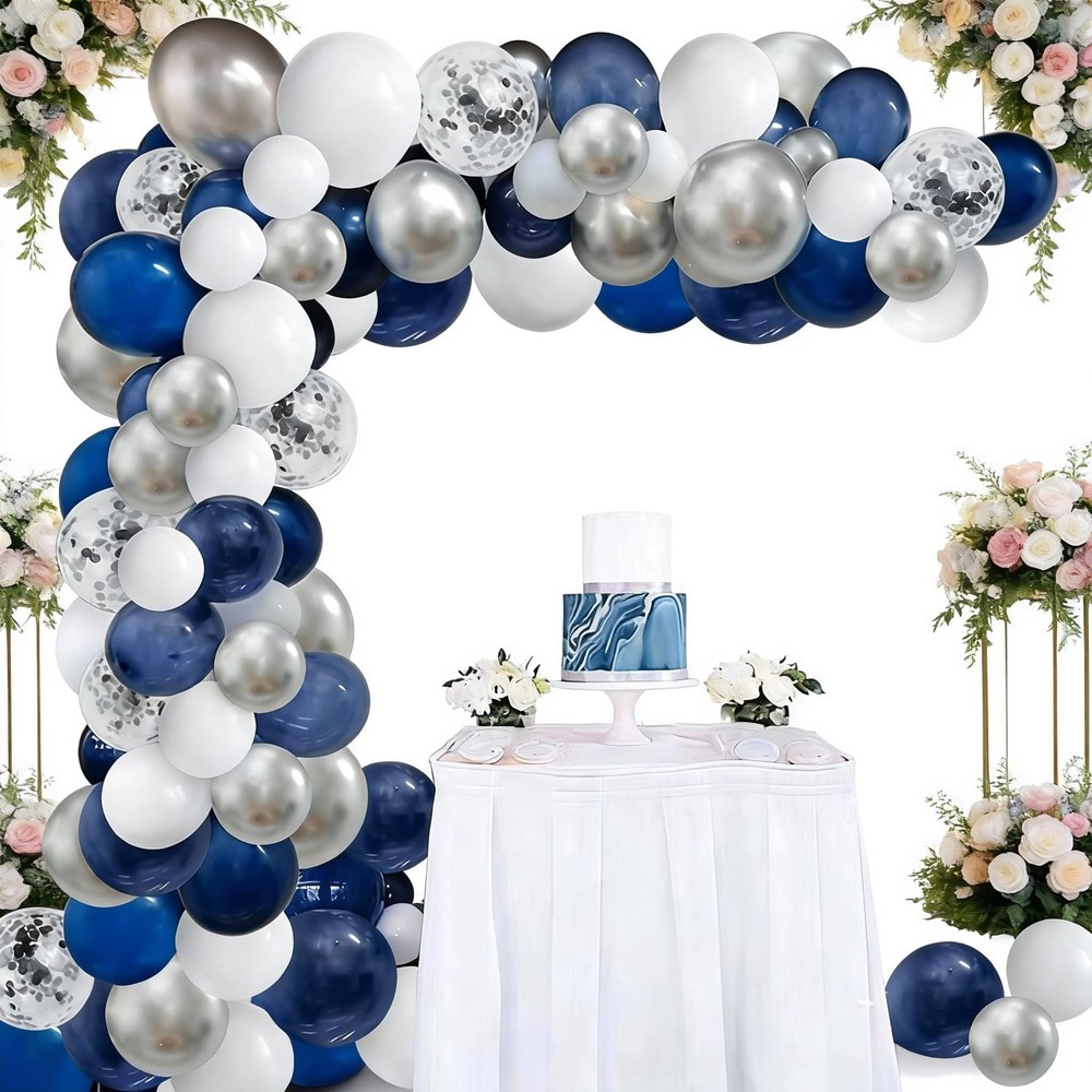 124pcs Blue Silver White Balloons Garland Arch Kit 5/10/12/18 Inch Royal Navy…