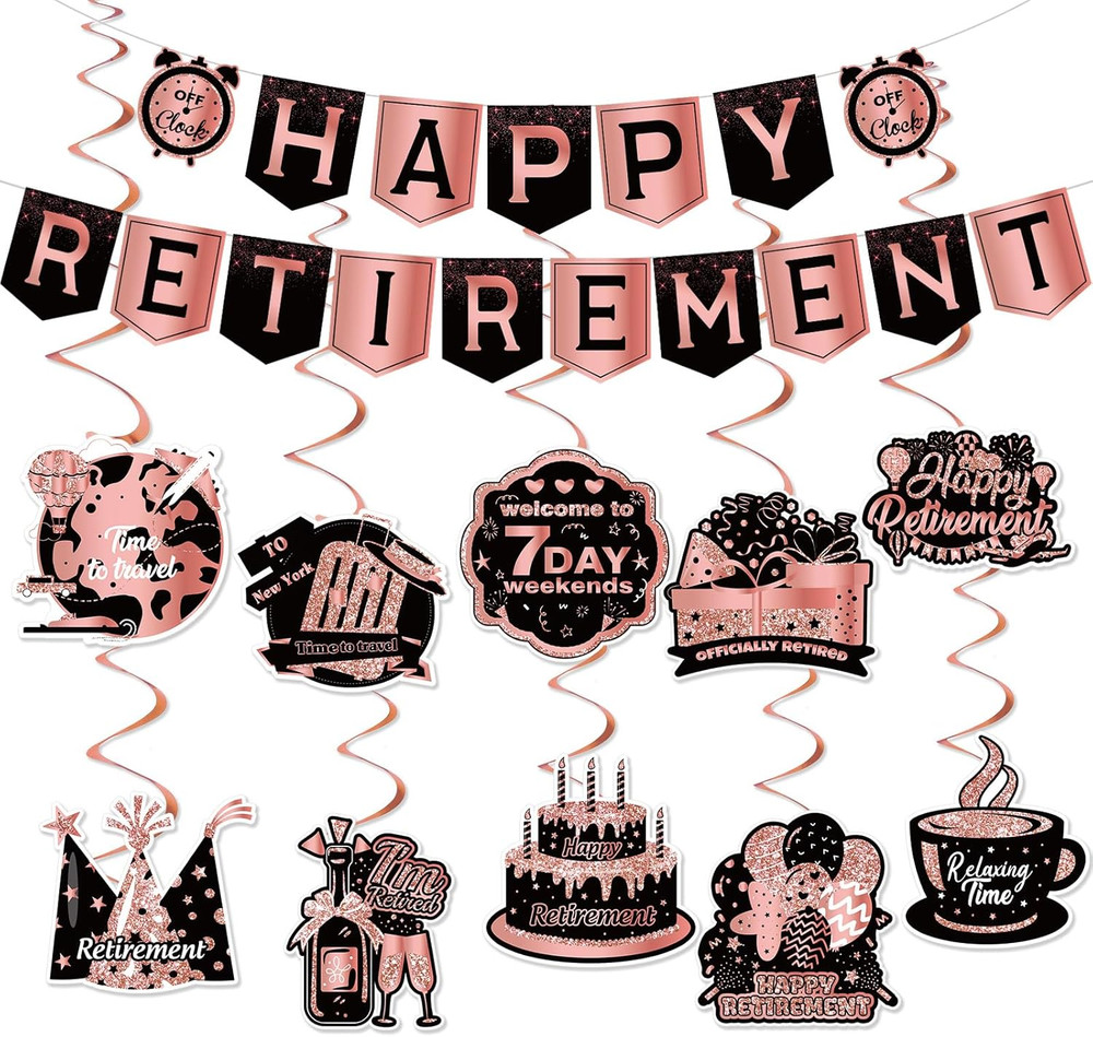 12Pcs Retirement Party Decorations for Men Women Rose Gold Happy Retirement Bann