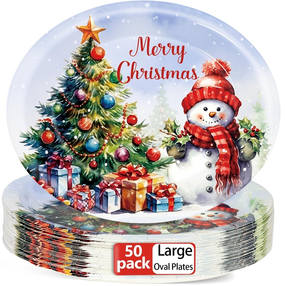 50Pcs Christmas Snowman Plates Disposable Paper Plates Watercolor Christmas T…