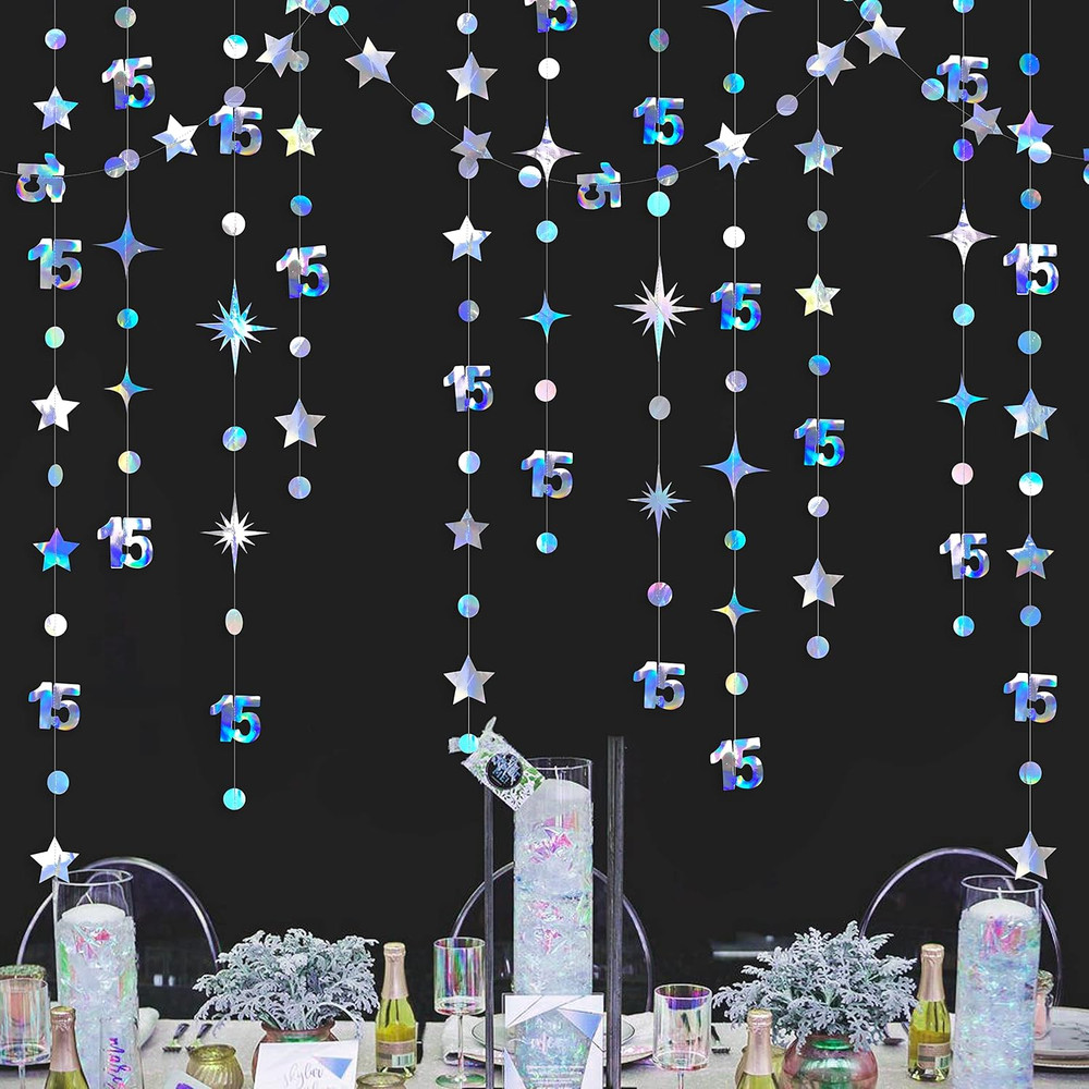 Iridescent 15Th Birthday Decorations Number 15 Circle Dot Twinkle Star Garland M