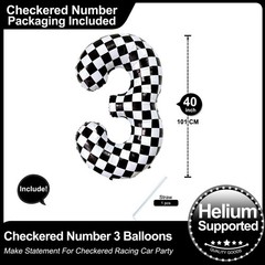 40 Inch Black White Checkered Number 3 Balloon Giant Race Car Themed Checkere…