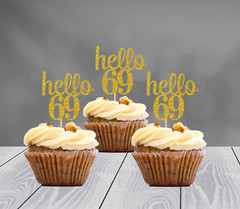 69th Birthday Decoration Glitter Cupcake Toppers (SET of 12) 20 Colors Available