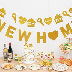 Gold Glitter New Home Party Decorations Housewarming Banner Hanging Swirls Cupca