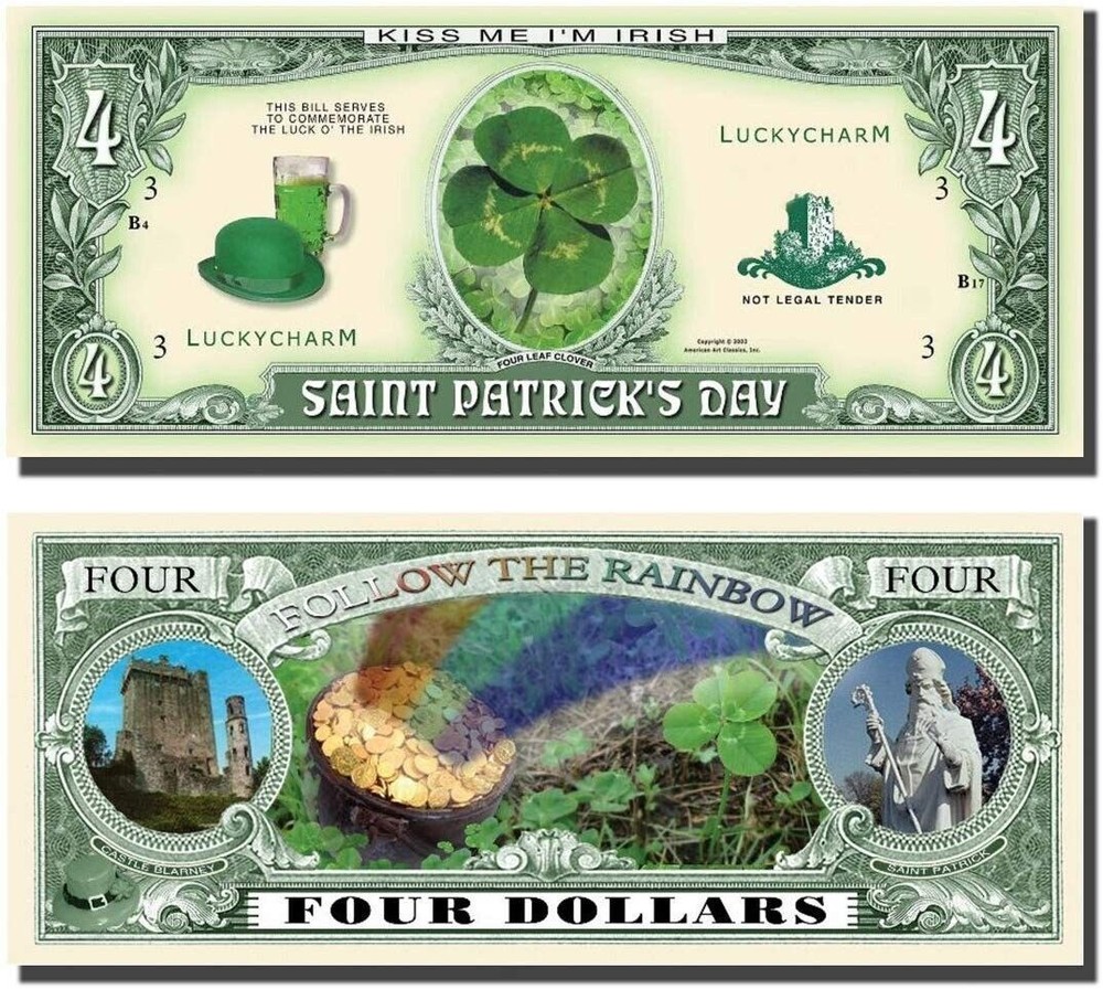50 St Patrick’s Day Shamrock Irish Four Leaf Clover $4 Dollar Money Lucky Bill