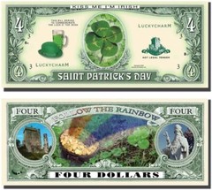 50 St Patrick’s Day Shamrock Irish Four Leaf Clover $4 Dollar Money Lucky Bill