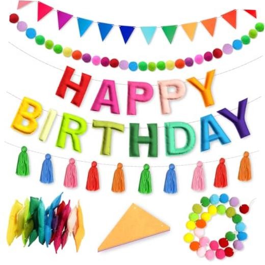 4PCS Pre-Strung Happy Birthday Banner – Felt Happy Birthday Garland, Rainbow
