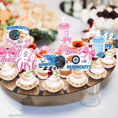 40 PCS Burnouts Or Bows Gender Reveal Cupcake Toppers Picks Party Decoration