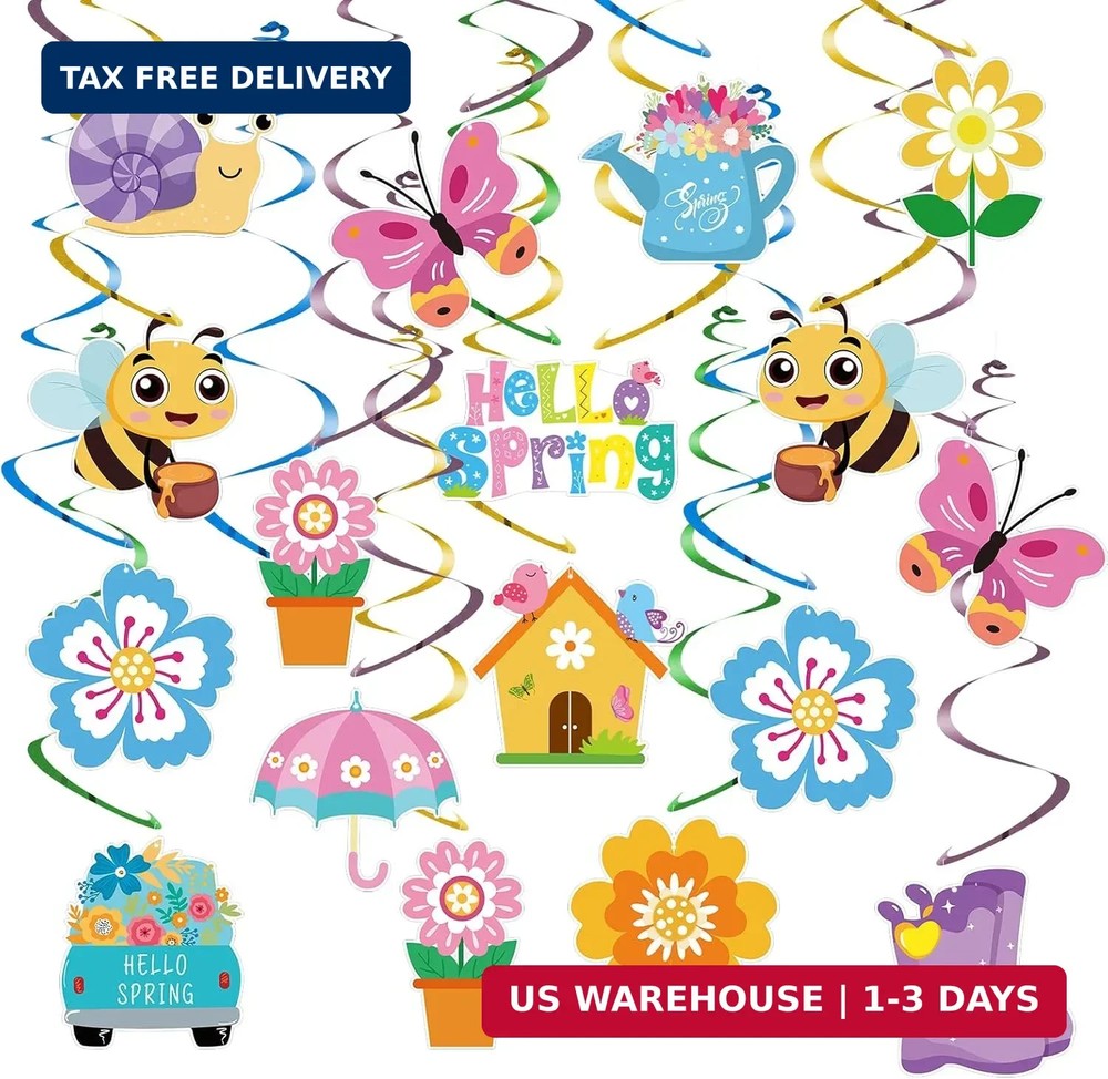 24Pcs Spring Hanging Decorations, Flower Butterfly Ceiling Hanging Swirls Cutout