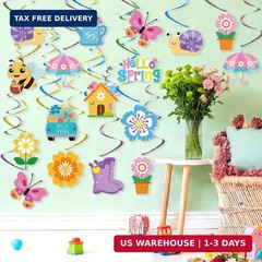 24Pcs Spring Hanging Decorations, Flower Butterfly Ceiling Hanging Swirls Cutout