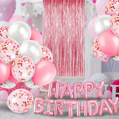 Pink Birthday Party Decoration, Happy Birthday Banner, Rose Gold Fringe Curtain,