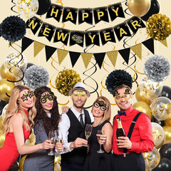 Happy New Years Decorations 2026, Black and Gold New Years Banner, Triangle Flag