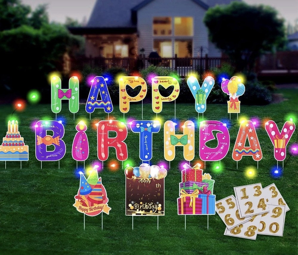 HOMENOTE 16″ Light Up Happy Birthday Yard Signs w/ Stakes, LED, 18pcs Set