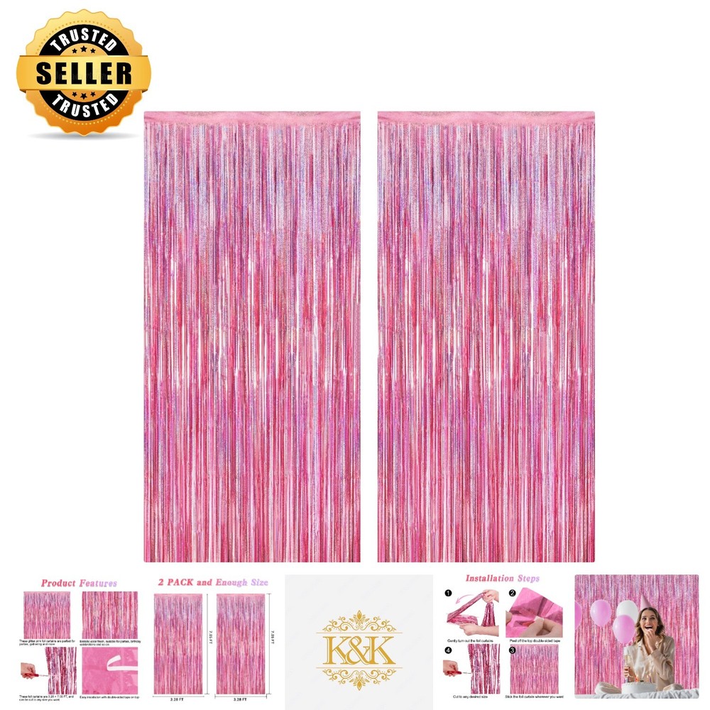 2 Piece Glitter Pink Tinsel Backdrop for Weddings and Celebrations – 3.28 FT