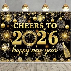 2026 New Year Backdrop Black Gold Party Decor – NYE Photography Background 7x5FT