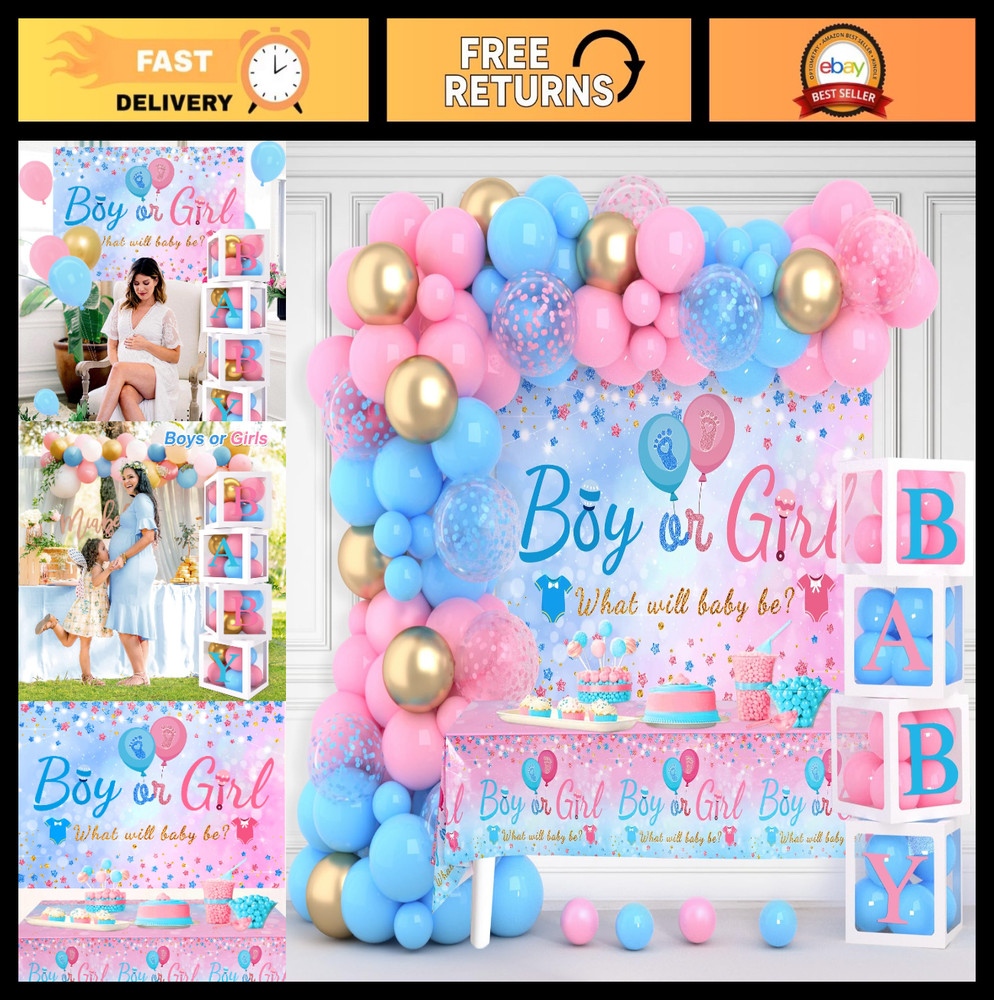 Baby Gender Reveal Decorations – Pink Blue Balloon Arch, 4 Balloon Boxes, Backdr